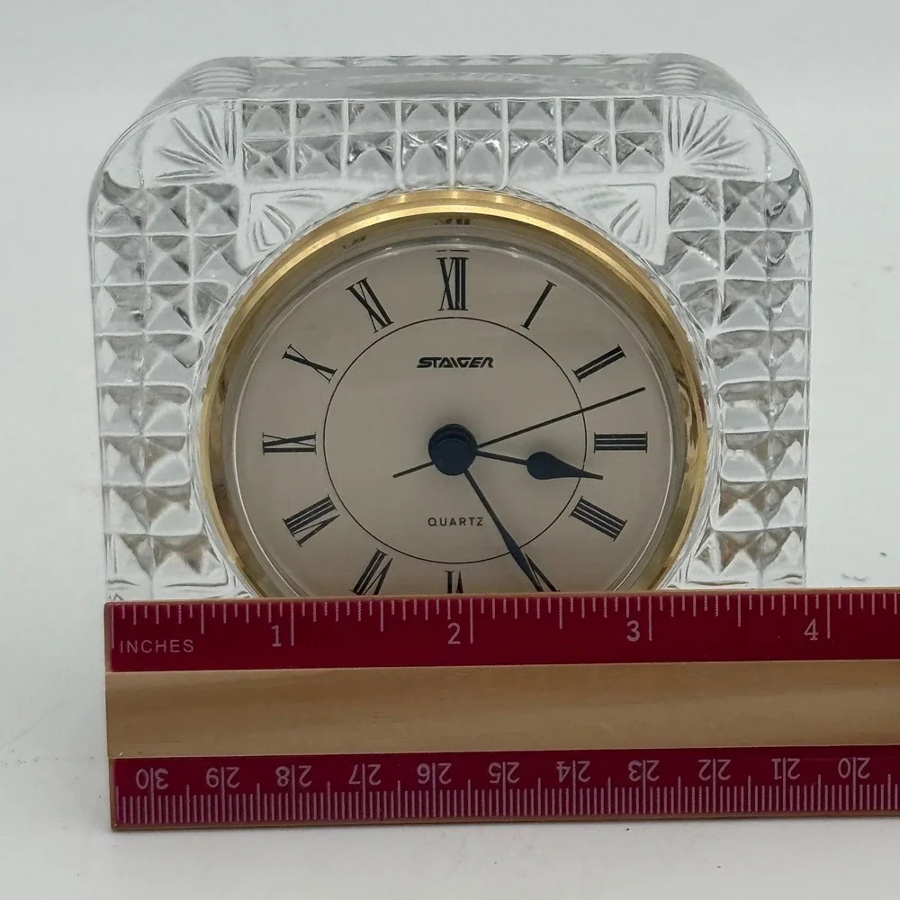 Staiger West Germany Crystal Desk Clock Square Cut Glass Roman Numeral Quartz
